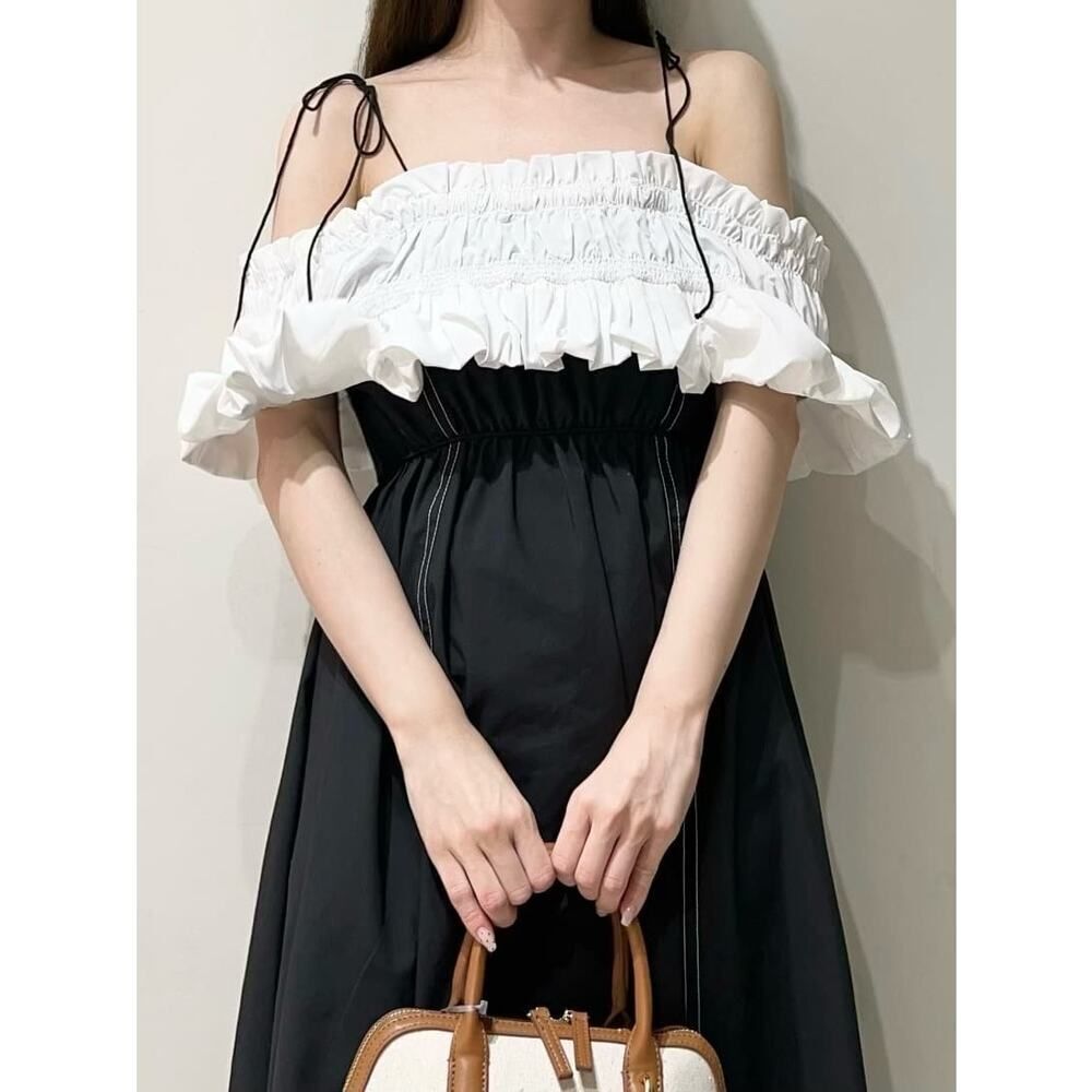 SNIDEL Smocking Camisole Maxi Dress Black White Contrast size XS(0) NWT